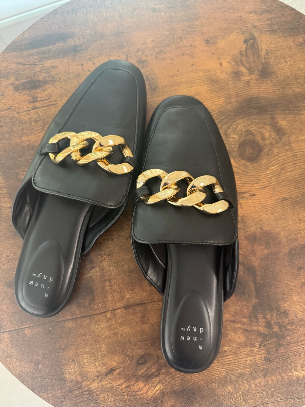 A New Day - Black Slip-On Mules with Gold Chain - Size US 8.5